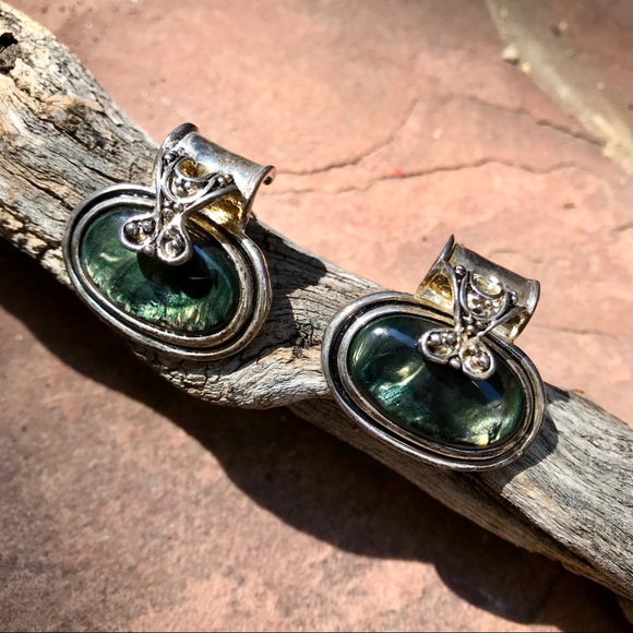 Jewelry - Silver Tone Pierced Earrings With Teal Green Stone
